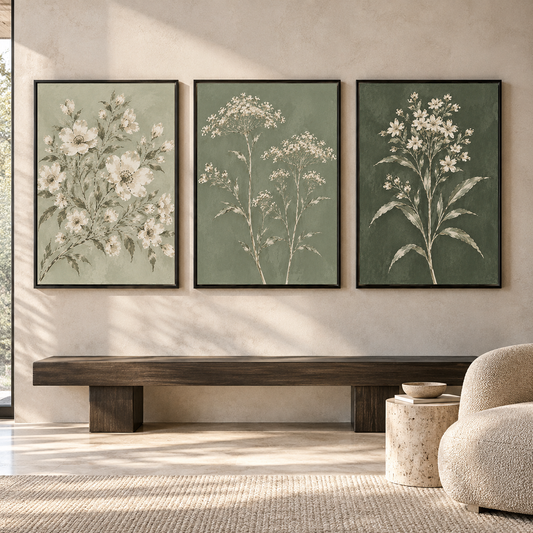 Sage Green Floral Canvas Wall Art Set of 3