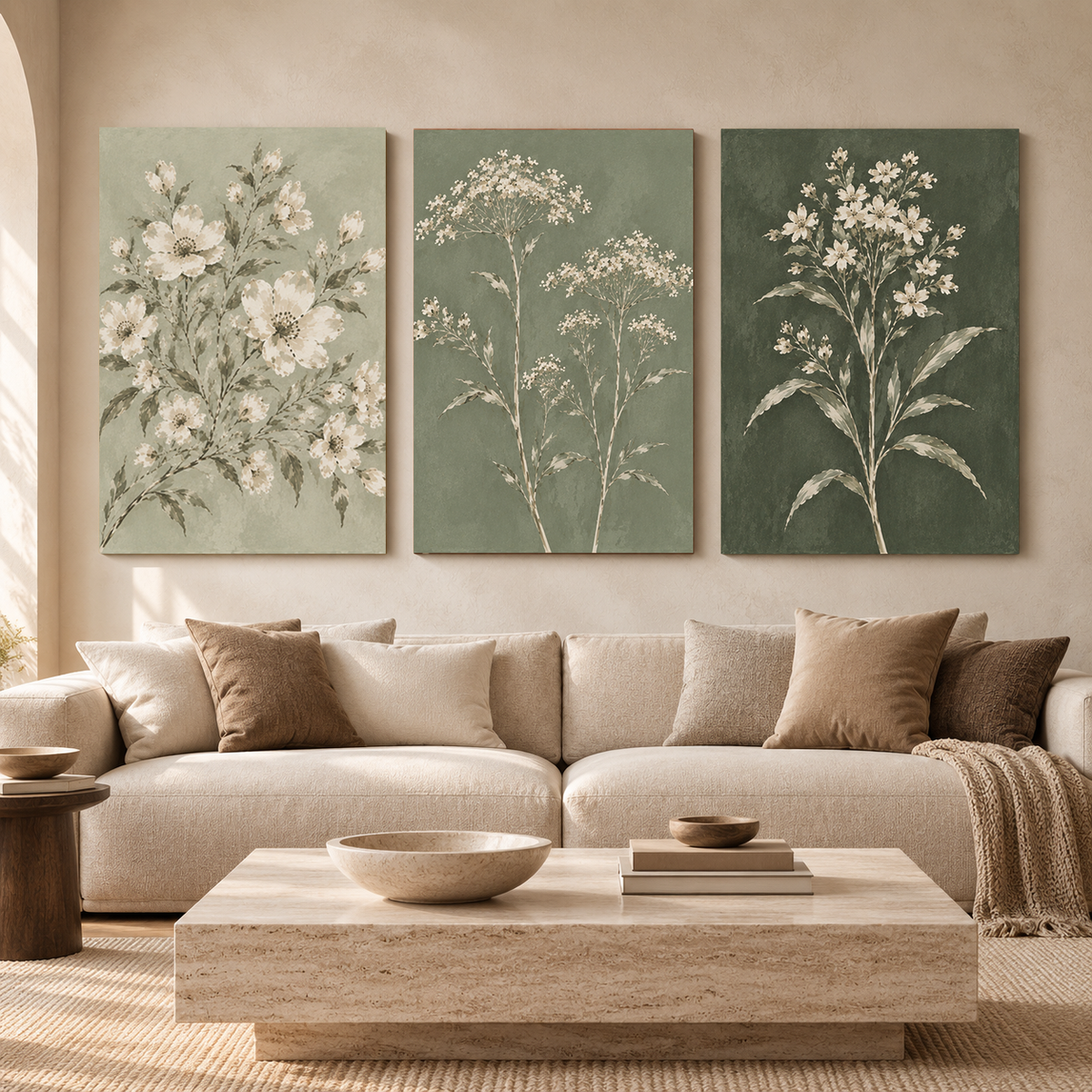 Sage Green Floral Canvas Wall Art Set of 3