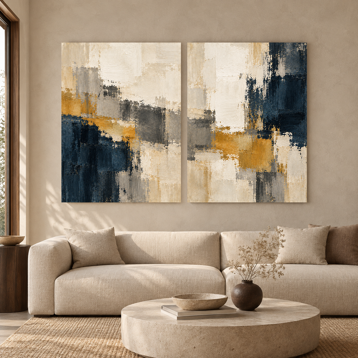 Navy Blue Mustard Abstract Wall Art Set of 2 Modern Paintings