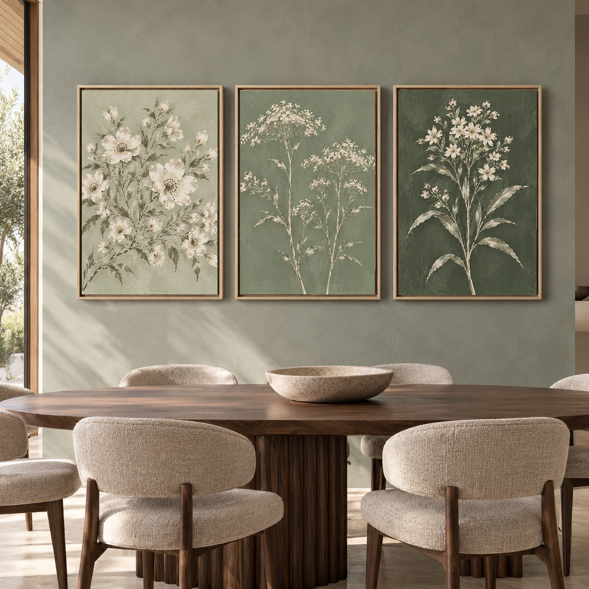 Sage Green Floral Canvas Wall Art Set of 3