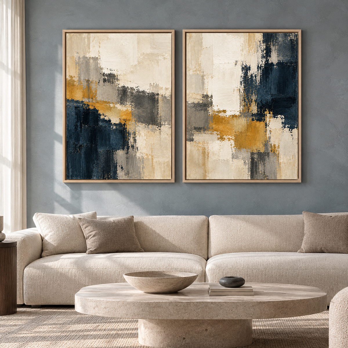Navy Blue Mustard Abstract Wall Art Set of 2 Modern Paintings