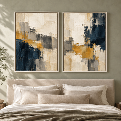 Navy Blue Mustard Abstract Wall Art Set of 2 Modern Paintings