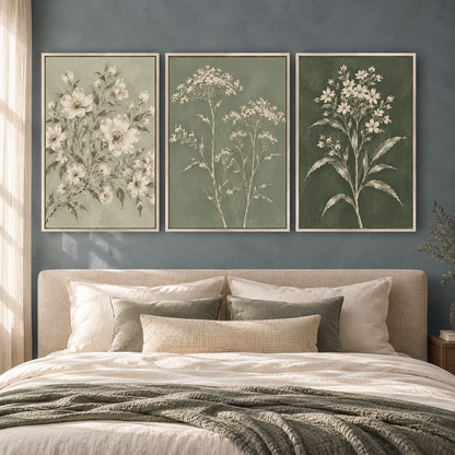 Sage Green Floral Canvas Wall Art Set of 3