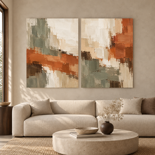 Terracotta Sage Abstract Wall Art Set of 2 Canvas Paintings