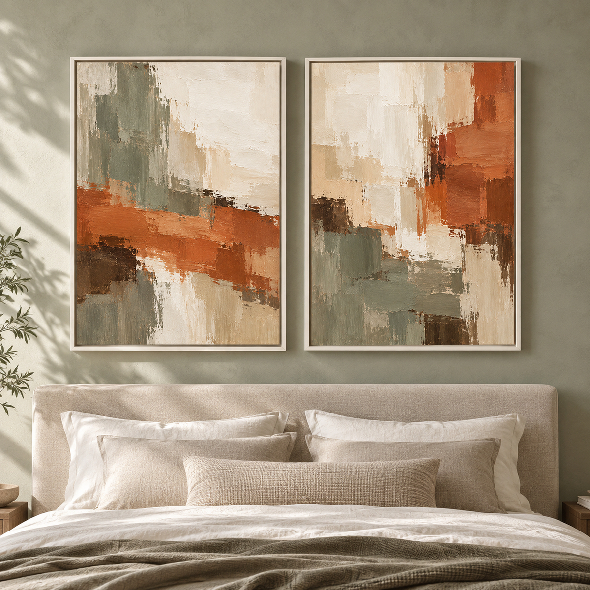 Terracotta Sage Abstract Wall Art Set of 2 Canvas Paintings