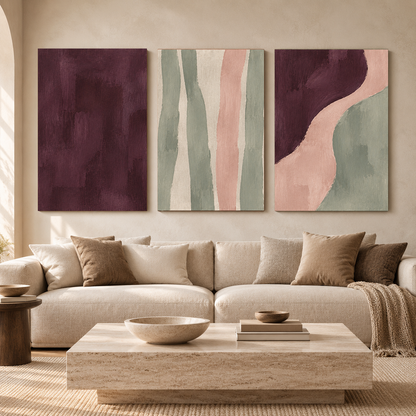 Burgundy Blush Abstract Canvas Wall Art Set of 3