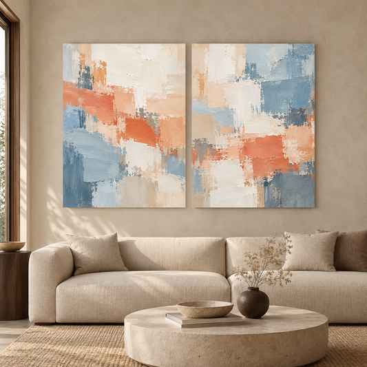 Blue Coral Abstract Wall Art Set of 2 Paintings