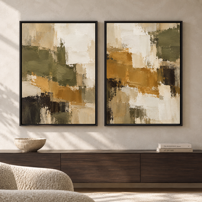 Olive Green Mustard Abstract Wall Art Set of 2