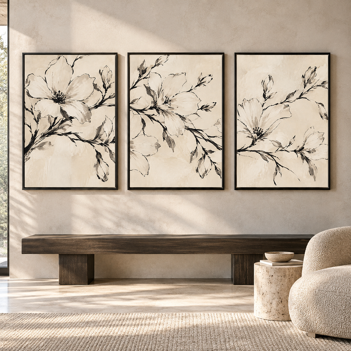Black and White Floral Canvas Wall Art Set of 3