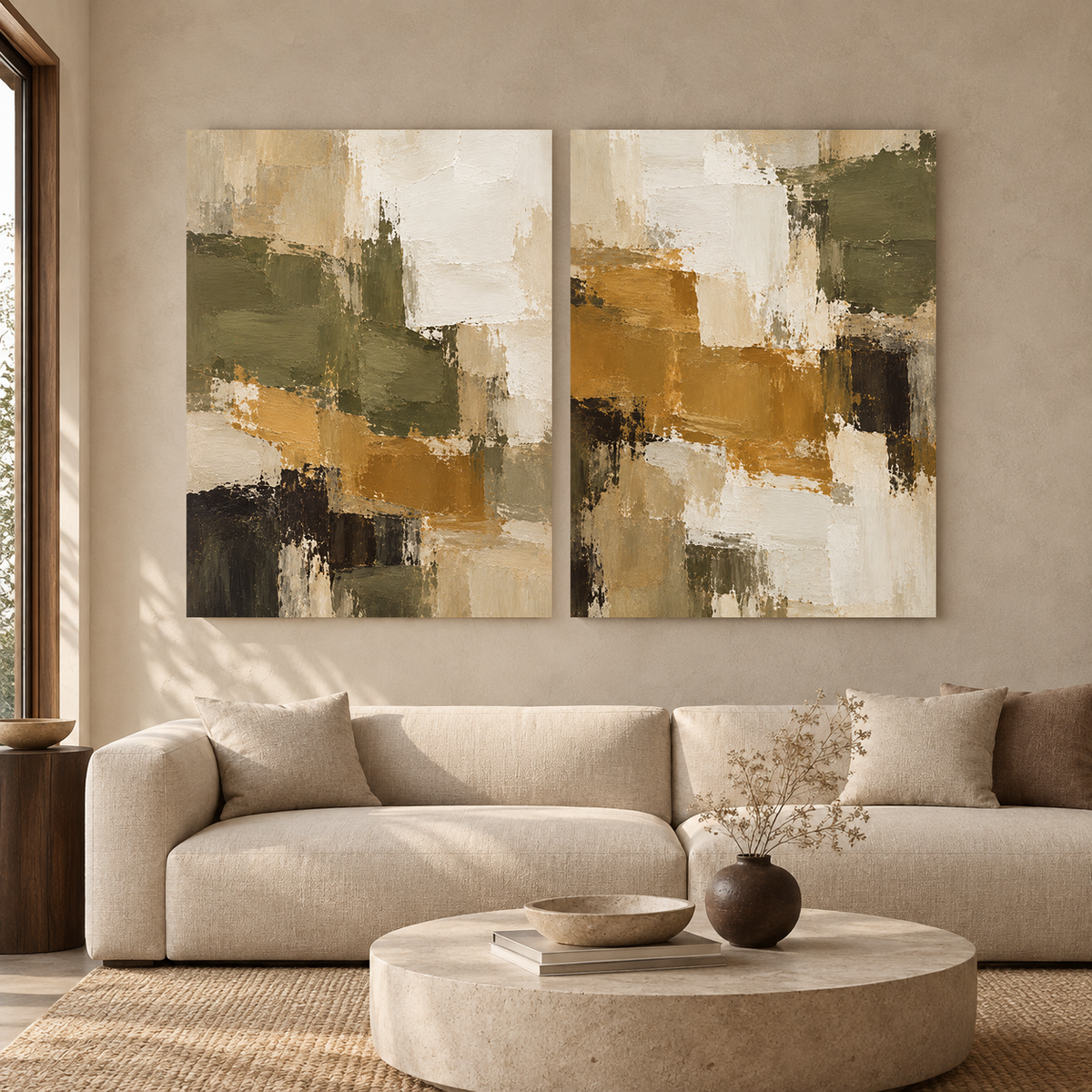 Olive Green Mustard Abstract Wall Art Set of 2