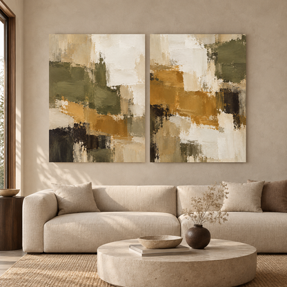 Olive Green Mustard Abstract Wall Art Set of 2