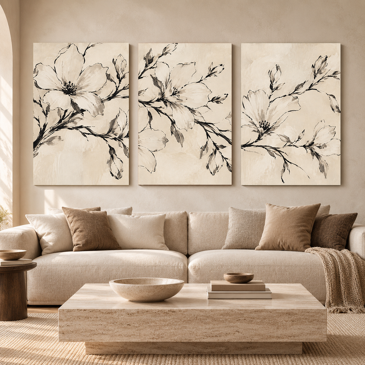 Black and White Floral Canvas Wall Art Set of 3