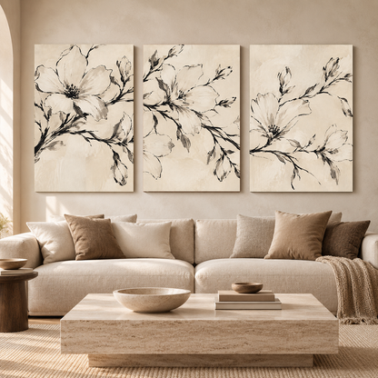 Black and White Floral Canvas Wall Art Set of 3