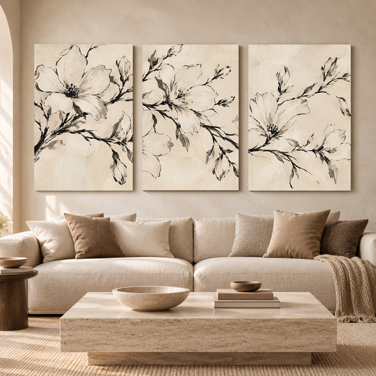 Black and White Floral Canvas Wall Art Set of 3
