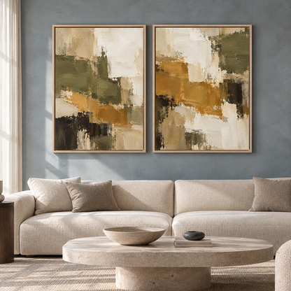 Olive Green Mustard Abstract Wall Art Set of 2