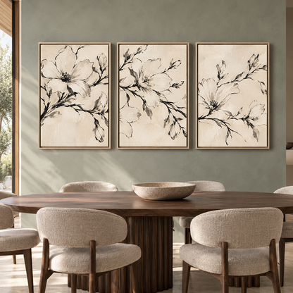 Black and White Floral Canvas Wall Art Set of 3