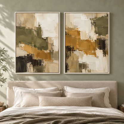 Olive Green Mustard Abstract Wall Art Set of 2