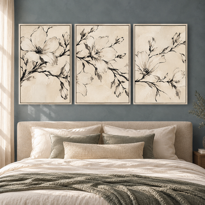 Black and White Floral Canvas Wall Art Set of 3