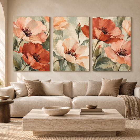 Terracotta Poppy Floral Canvas Wall Art Set of 3