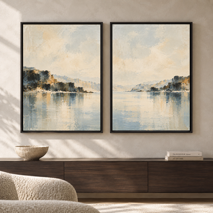 Peaceful Waterscape Canvas Pair with Distant Cliffs