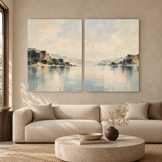 Peaceful Waterscape Canvas Pair with Distant Cliffs
