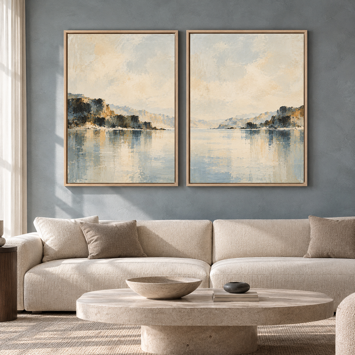 Peaceful Waterscape Canvas Pair with Distant Cliffs