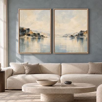 Peaceful Waterscape Canvas Pair with Distant Cliffs