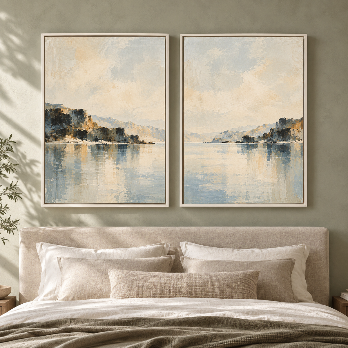 Peaceful Waterscape Canvas Pair with Distant Cliffs
