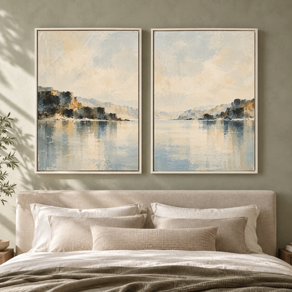 Peaceful Waterscape Canvas Pair with Distant Cliffs