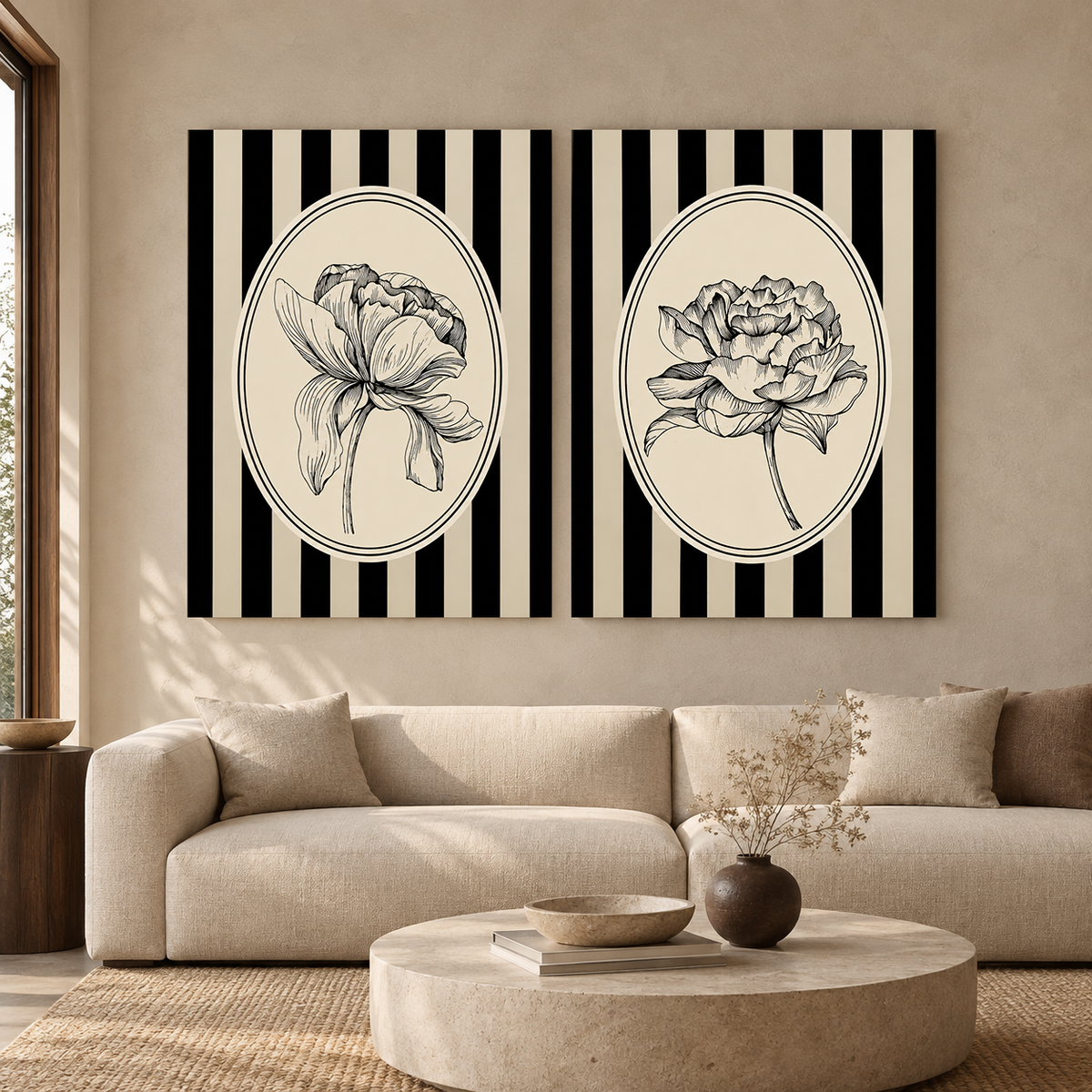 Vintage Botanical Wall Art Pair with Striped Floral Illustrations