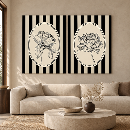 Vintage Botanical Wall Art Pair with Striped Floral Illustrations