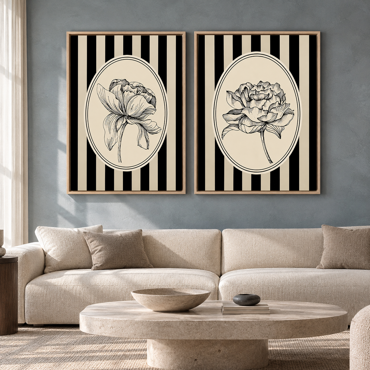 Vintage Botanical Wall Art Pair with Striped Floral Illustrations