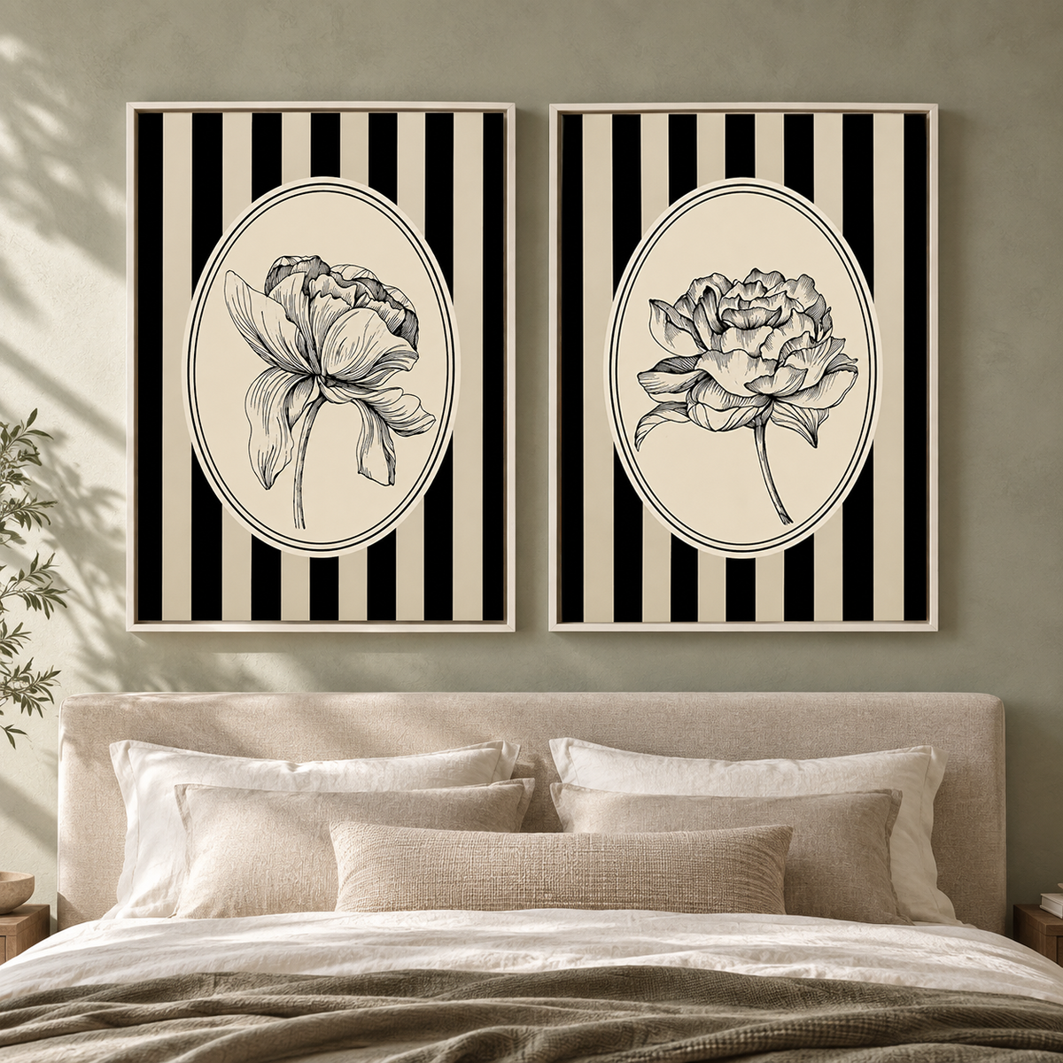 Vintage Botanical Wall Art Pair with Striped Floral Illustrations