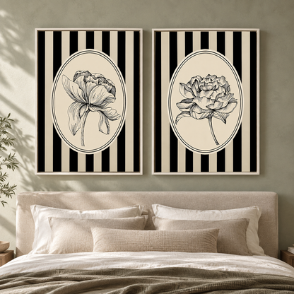 Vintage Botanical Wall Art Pair with Striped Floral Illustrations