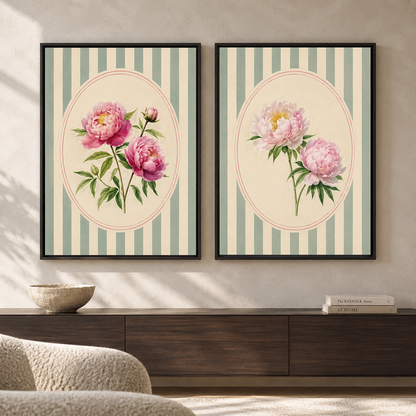 Peony Garden Canvas Set of 2 Wall Art with Striped Design
