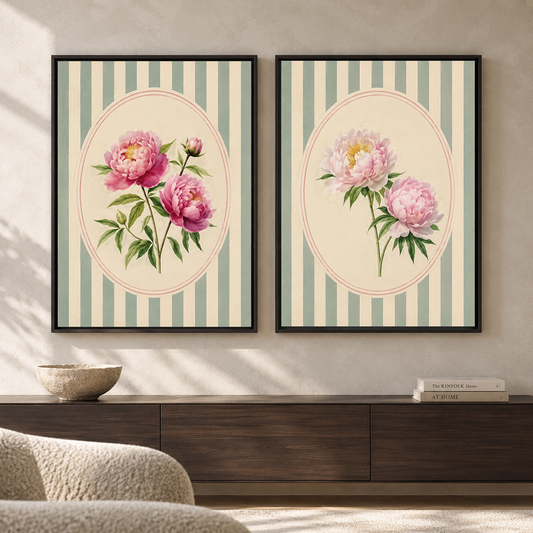 Peony Garden Canvas Set of 2 Wall Art with Striped Design