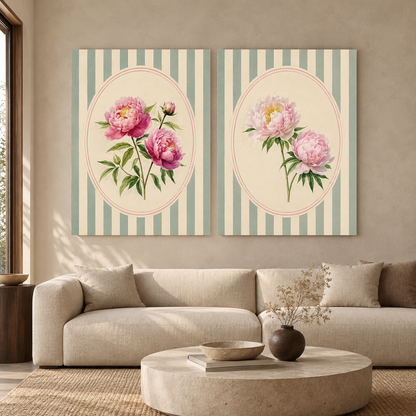 Peony Garden Canvas Set of 2 Wall Art with Striped Design