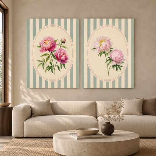 Peony Garden Canvas Set of 2 Wall Art with Striped Design