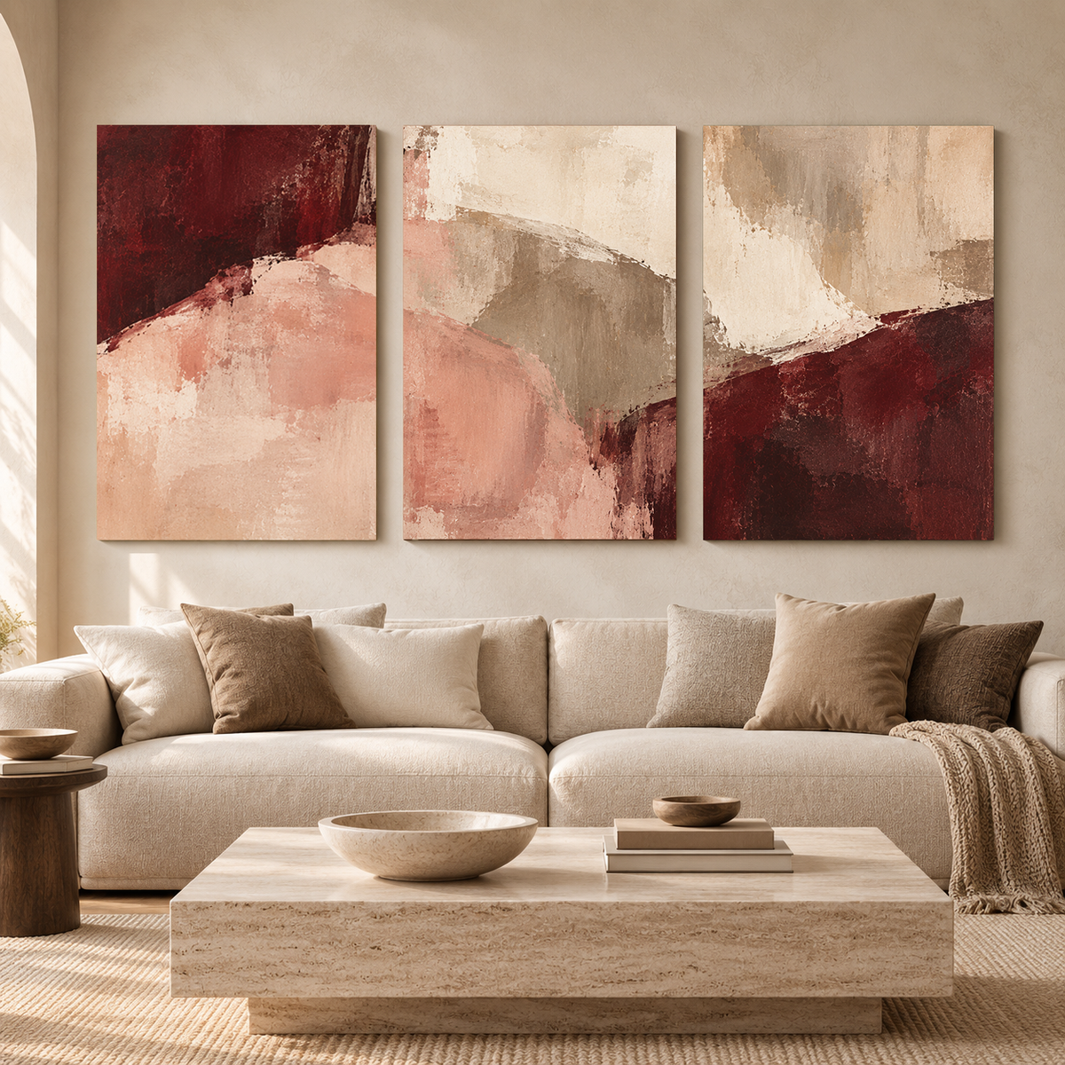 Burgundy Blush Abstract Canvas Wall Art Set of 3