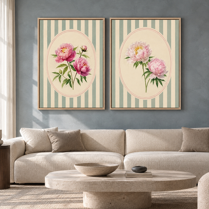 Peony Garden Canvas Set of 2 Wall Art with Striped Design