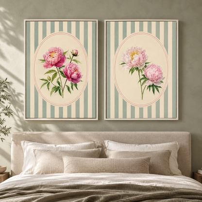 Peony Garden Canvas Set of 2 Wall Art with Striped Design