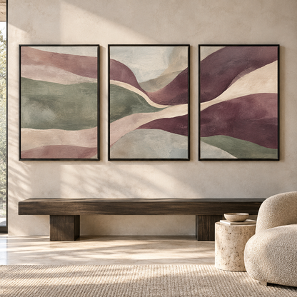 Plum Sage Flowing Abstract Canvas Wall Art Set of 3