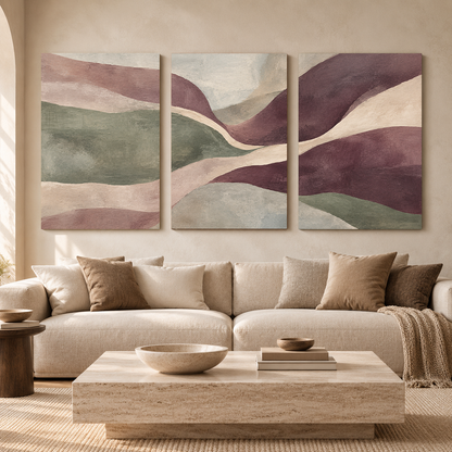 Plum Sage Flowing Abstract Canvas Wall Art Set of 3