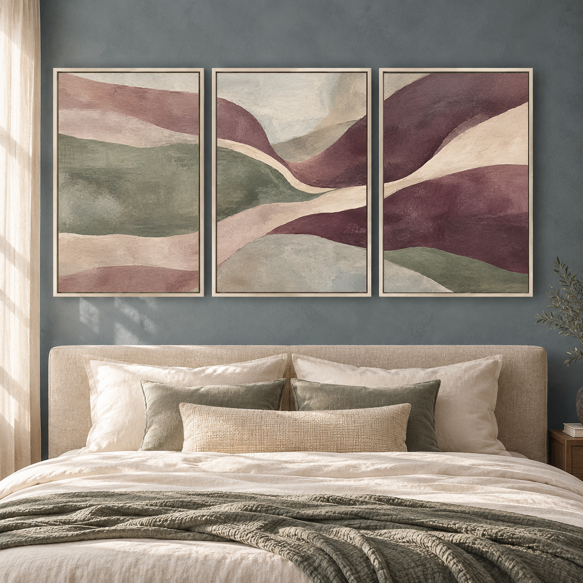 Plum Sage Flowing Abstract Canvas Wall Art Set of 3