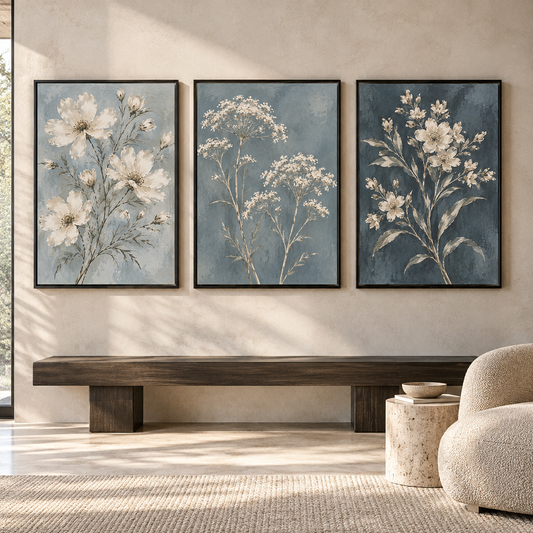 Blue Botanical Canvas Wall Art Set of 3 with White Florals