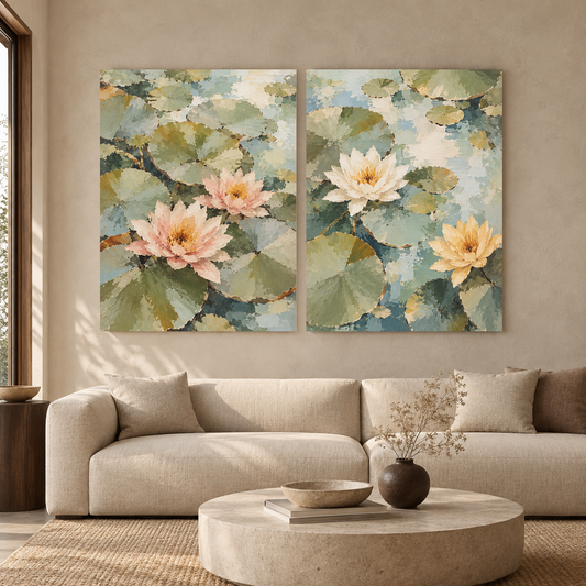 Water Lily Pond Canvas Wall Art Set of 2 for Calm Interiors