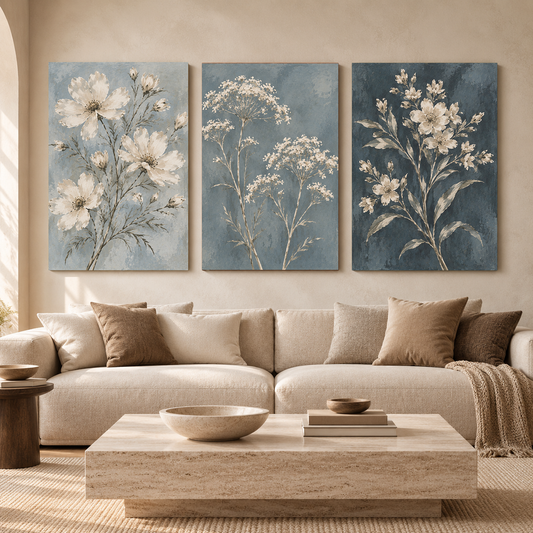 Blue Botanical Canvas Wall Art Set of 3 with White Florals