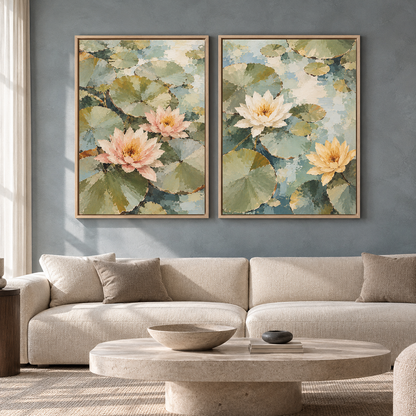Water Lily Pond Canvas Wall Art Set of 2 for Calm Interiors