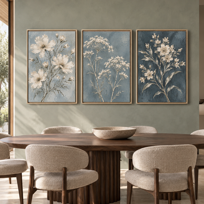 Blue Botanical Canvas Wall Art Set of 3 with White Florals