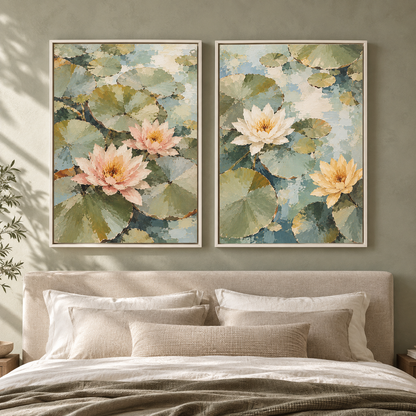 Water Lily Pond Canvas Wall Art Set of 2 for Calm Interiors